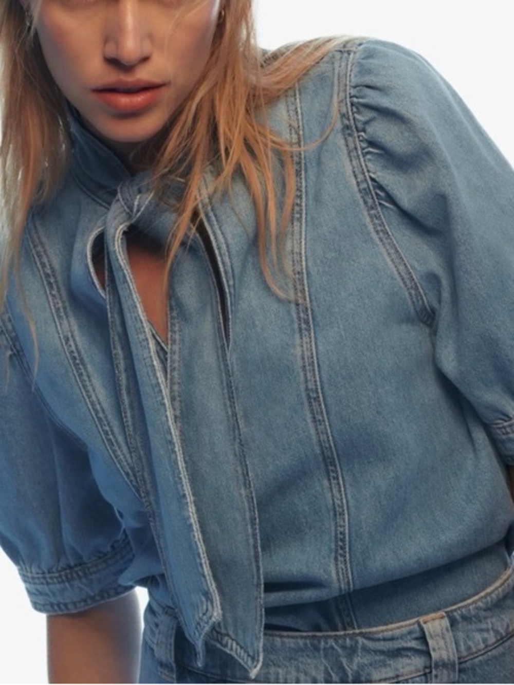 Zara Light Blue Denim Tie-Neck Blouse